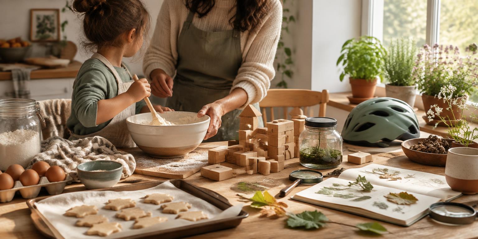 A parent and child learning through baking, building, cycling and nature study